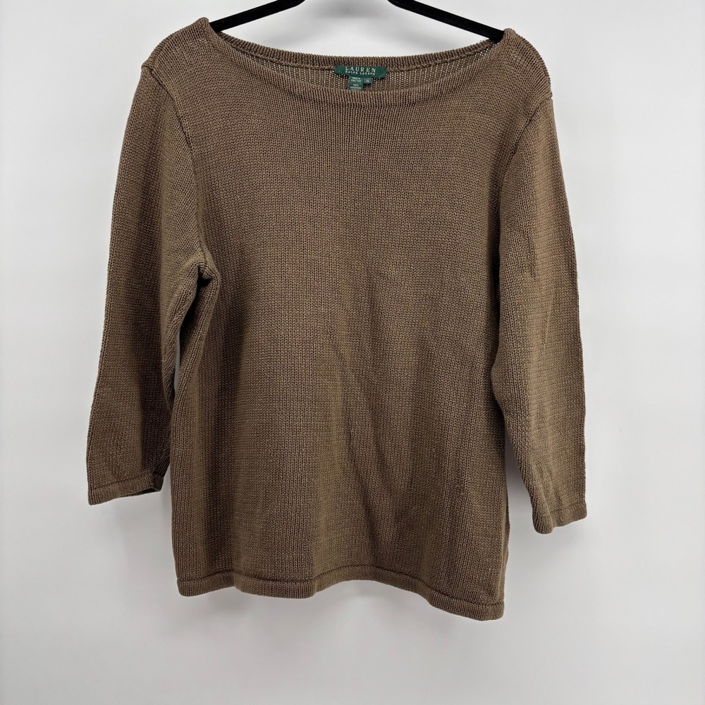 Lauren Ralph Lauren Womens XL Brown Cotton Boat Neck 3/4 Sleeve Sweater